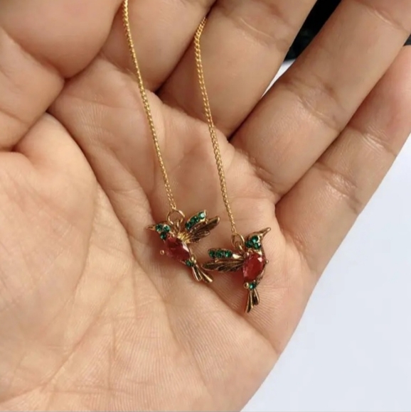 None Jewelry Red Green Crystal Hummingbird Threader Dangle Drop